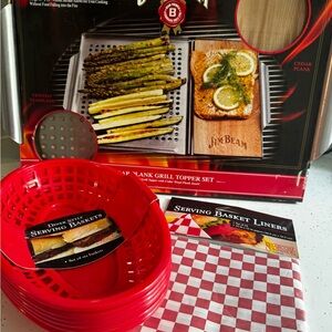 BBQ Set with Cesar Plank Grill Topper and serving baskets and liners